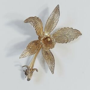 Vintage Vermeil Gold Over Silver Filigree Orchid Flower Brooch